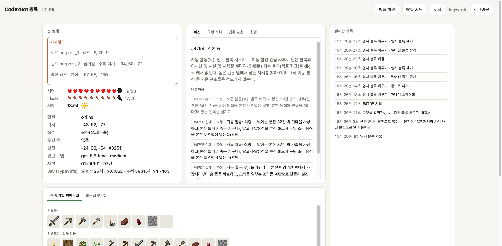 CodexBot 대시보드의 봇 상태, 자동 미션, 실시간 기록과 보관함·인벤토리